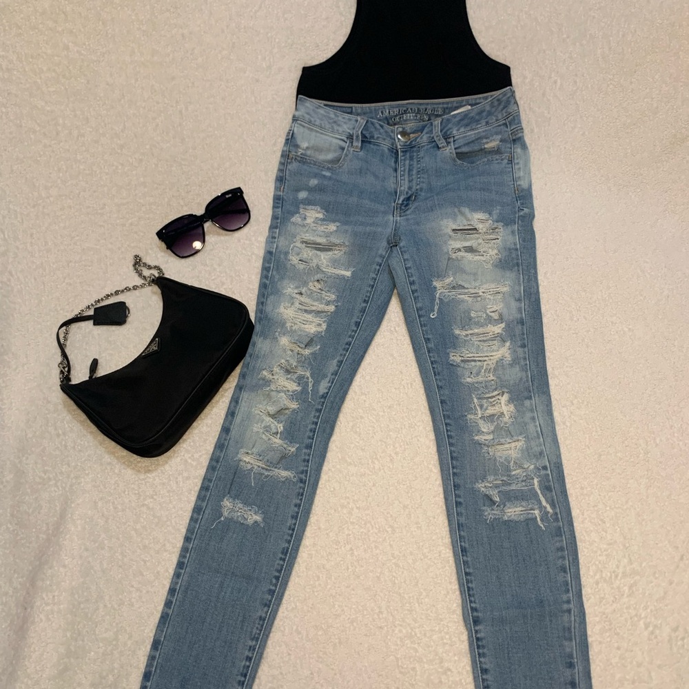 American Eagle Outfitters Blue Skinny Jeans with Distressed Details